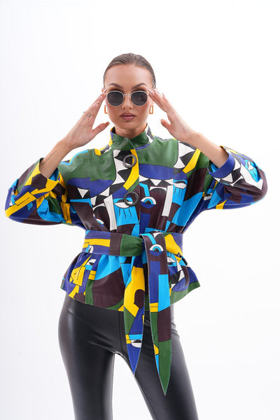 The Odessa Multicolor Geometric Art Leather Women Jacket