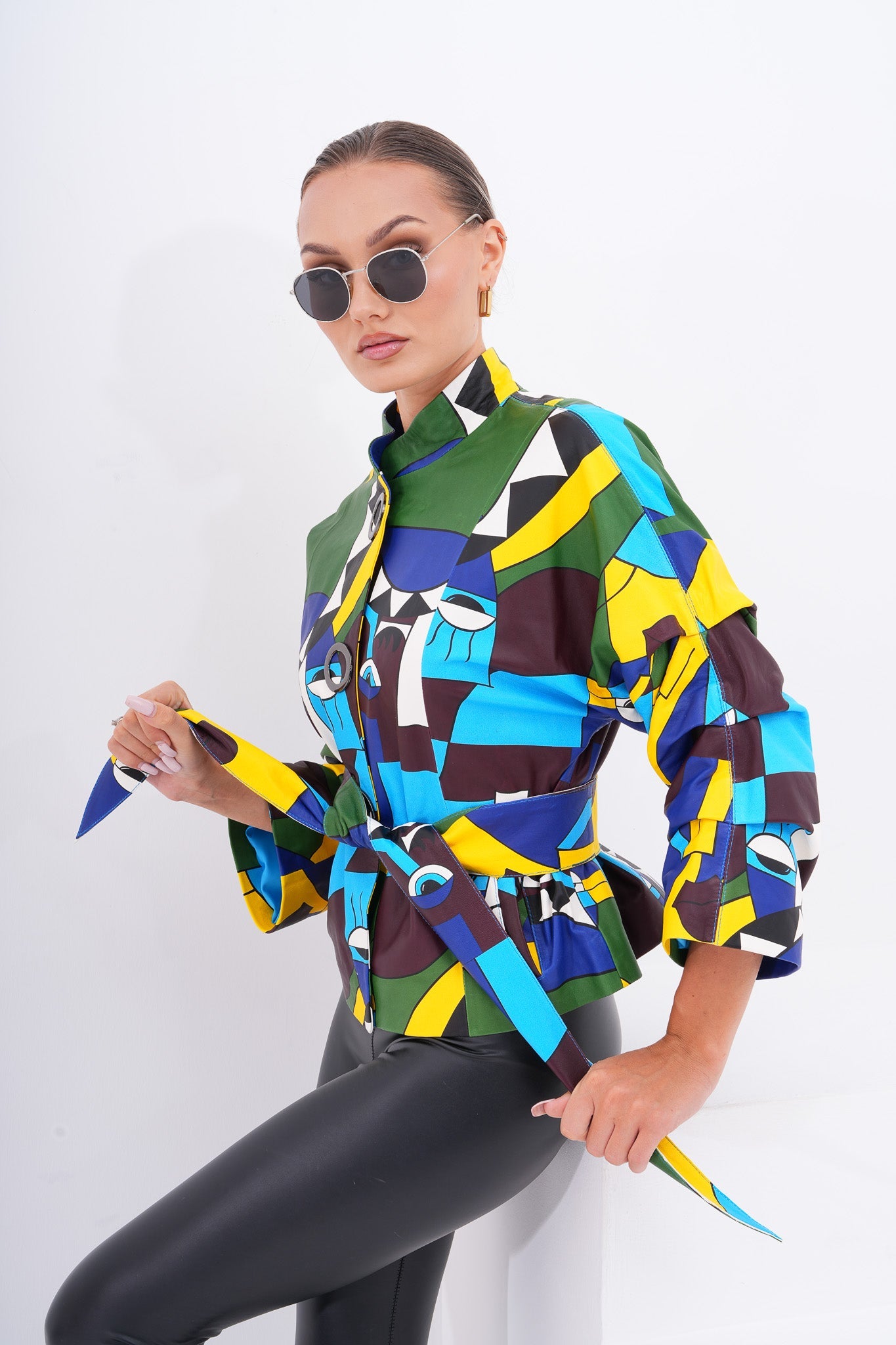 The Odessa Multicolor Geometric Art Leather Women Jacket