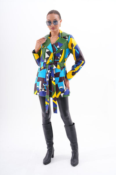 Sienna Abstract Art Leather Women Jacket – Blue Green Edition