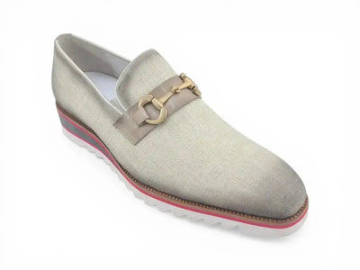 Carrucci Shoes Men's Linen Slip On Loafer Gold Tone Buckle All Day Comfort KS550 03F