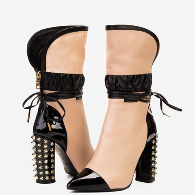 Vinci Leather The Lucca Nude & Black Leather Mid Calf High Heel Women Boot Limited Edition – product view 5