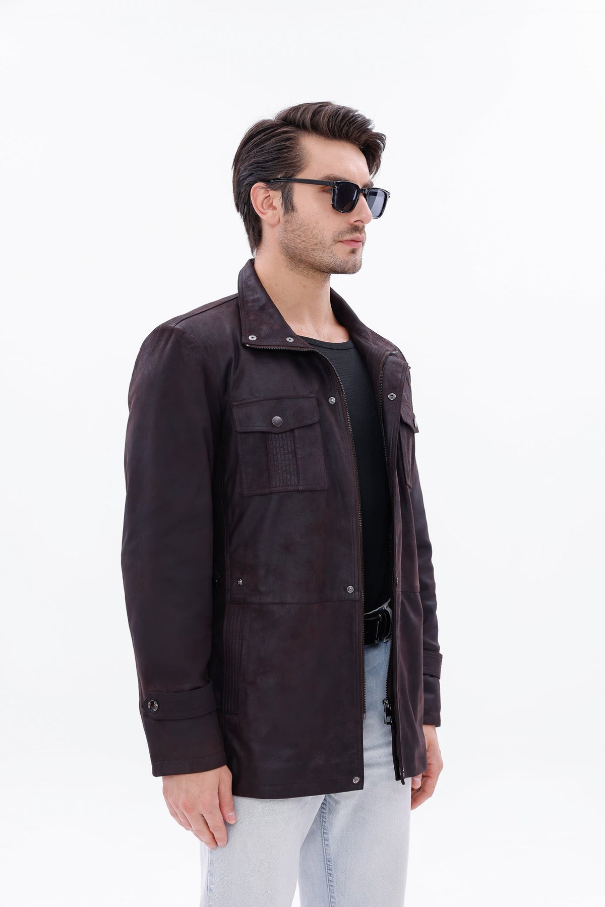 Vinci Leather The Cremona Deep Brown Suede Leather Men Jacket – product view 3