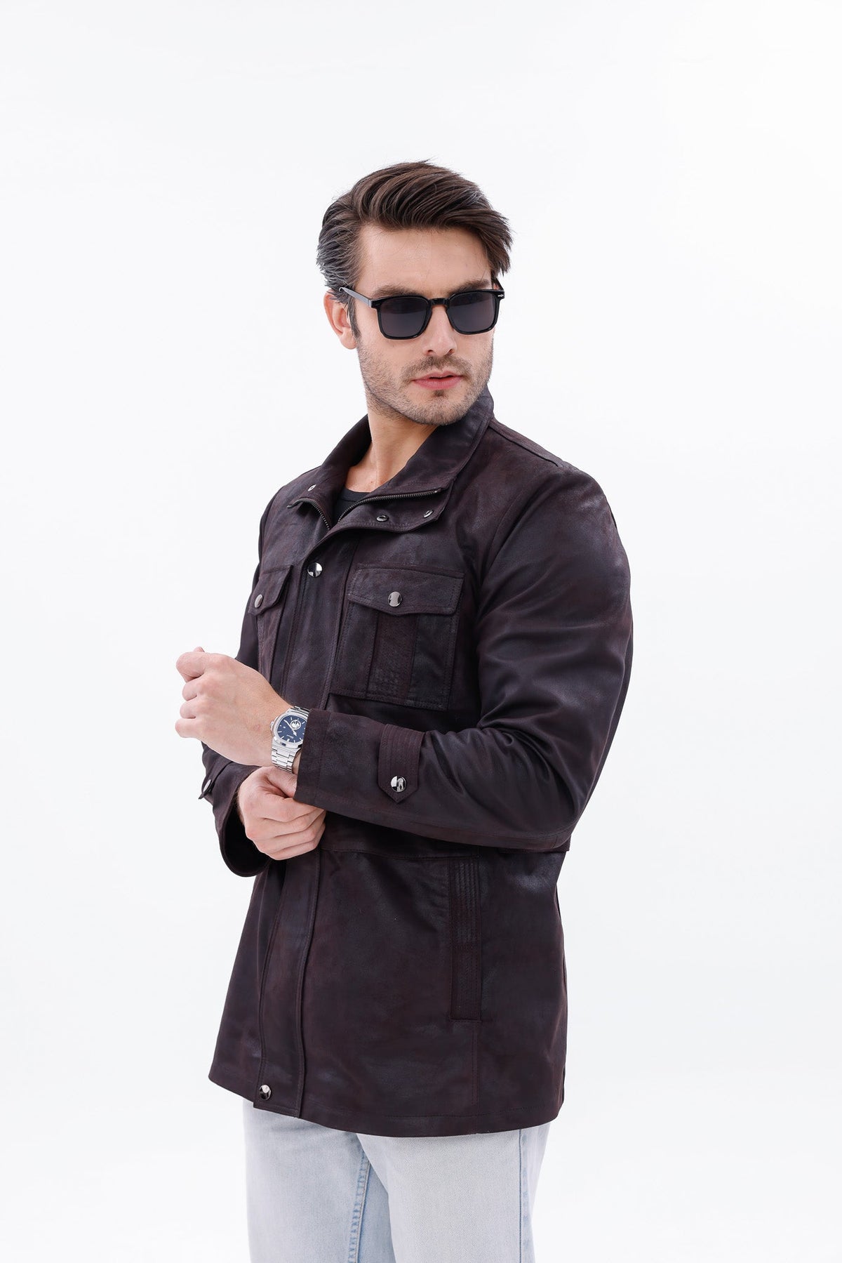 Vinci Leather The Cremona Deep Brown Suede Leather Men Jacket – product view 10