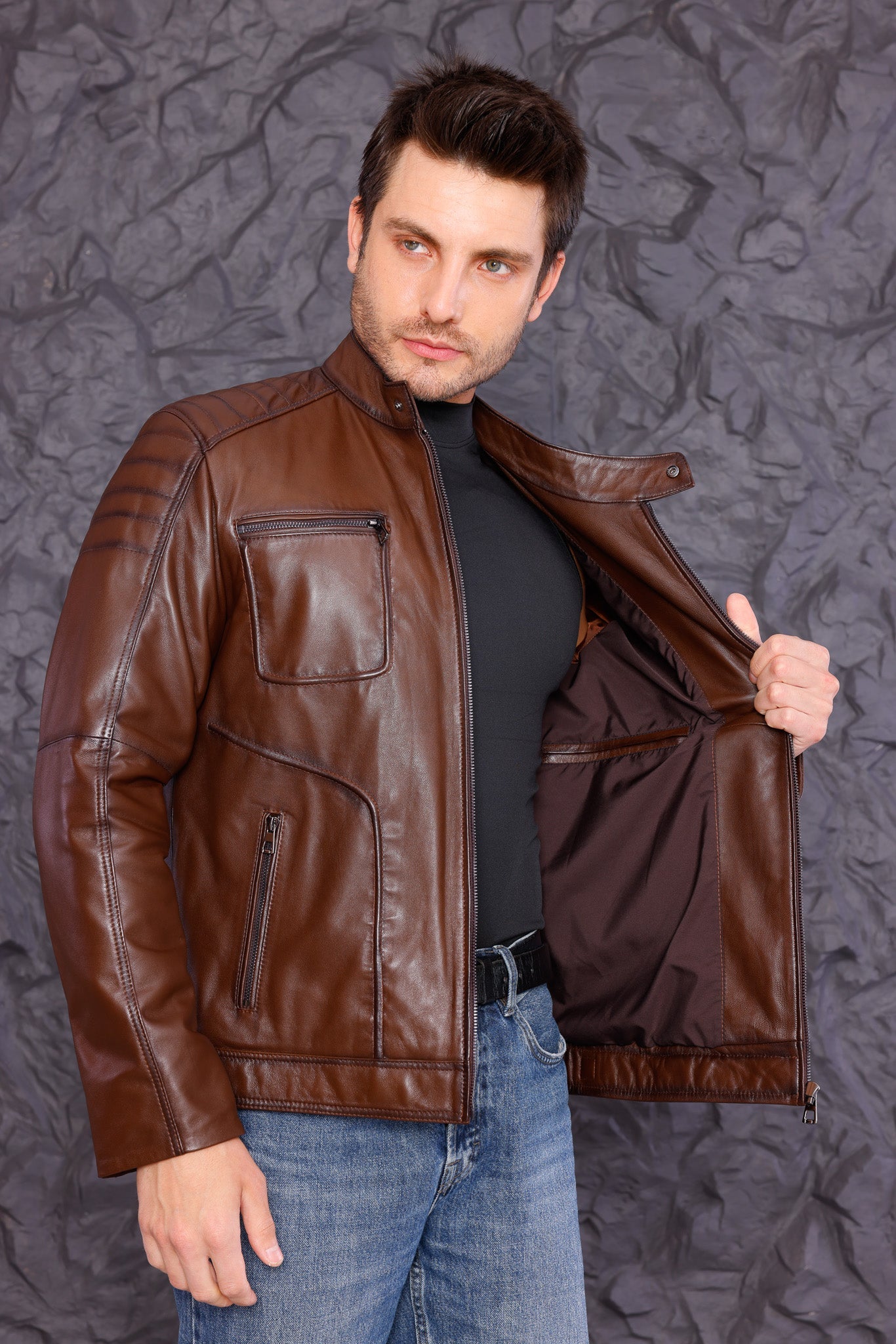The Argento Brown Leather Men Jacket