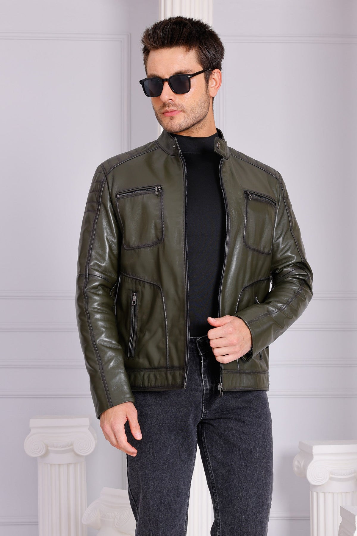 Vinci Leather The Argento Green Leather Men Jacket – product view 1