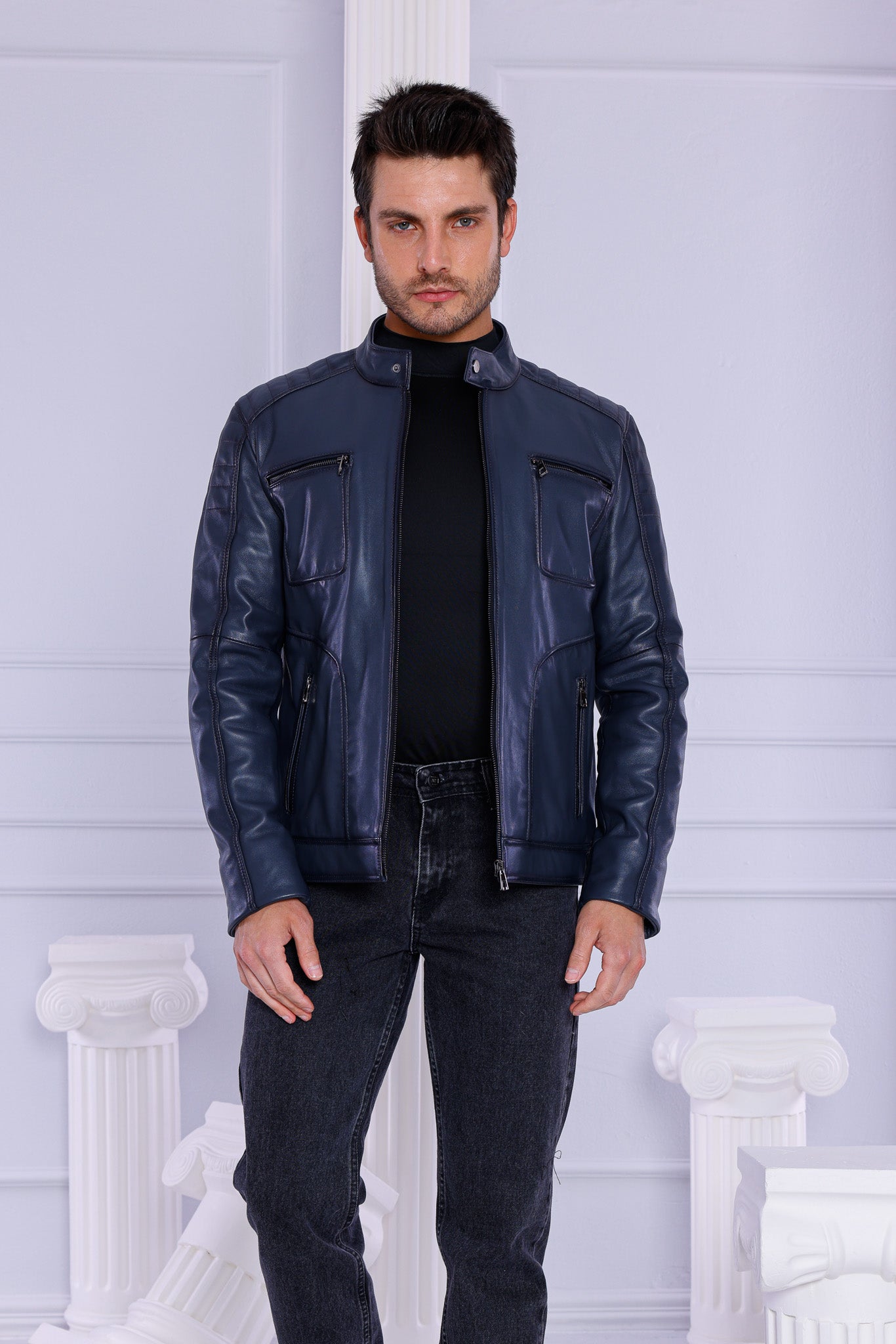 The Argento Navy Blue Leather Men Jacket