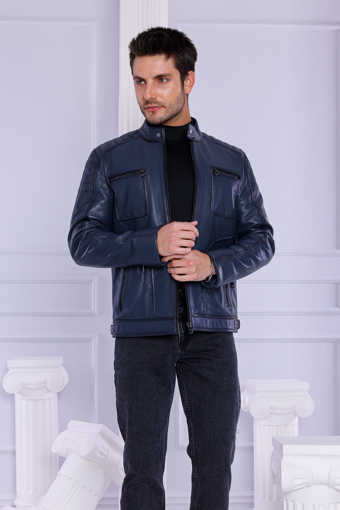 The Argento Navy Blue Leather Men Jacket