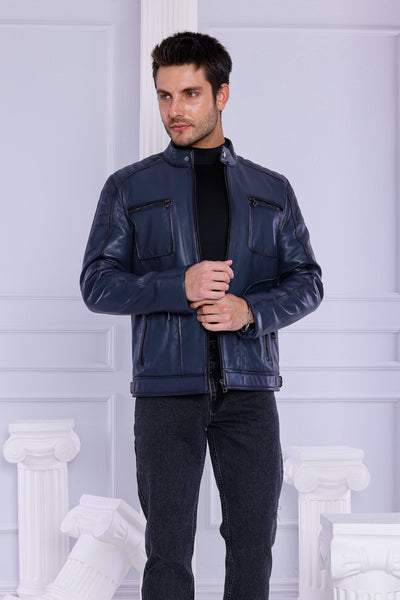 The Argento Navy Blue Leather Men Jacket