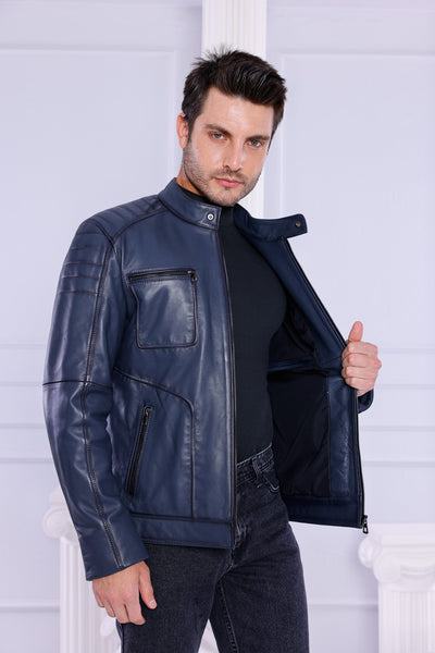 The Argento Navy Blue Leather Men Jacket