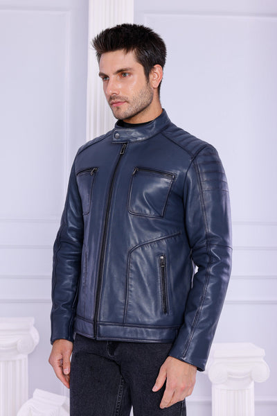 The Argento Navy Blue Leather Men Jacket