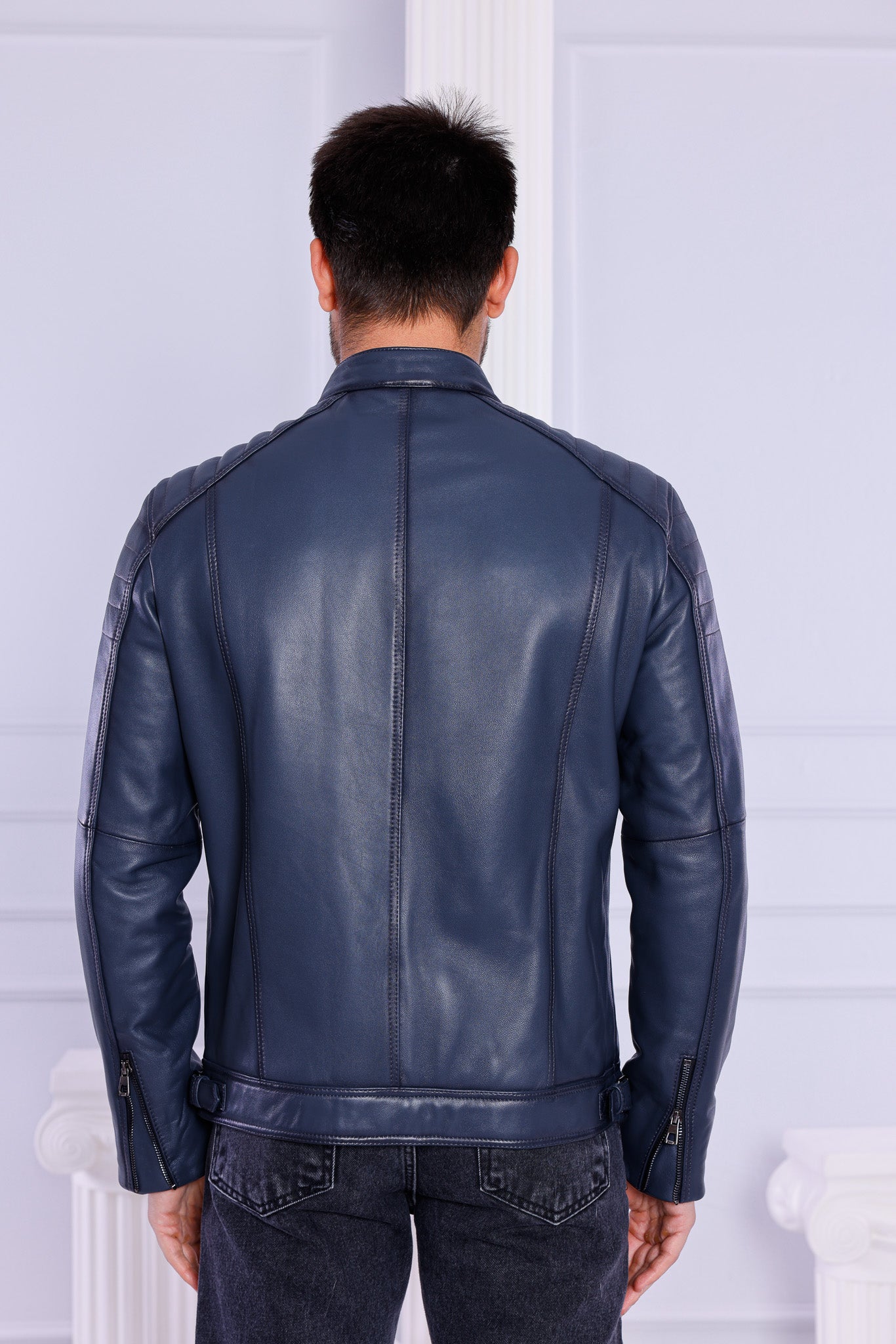 The Argento Navy Blue Leather Men Jacket