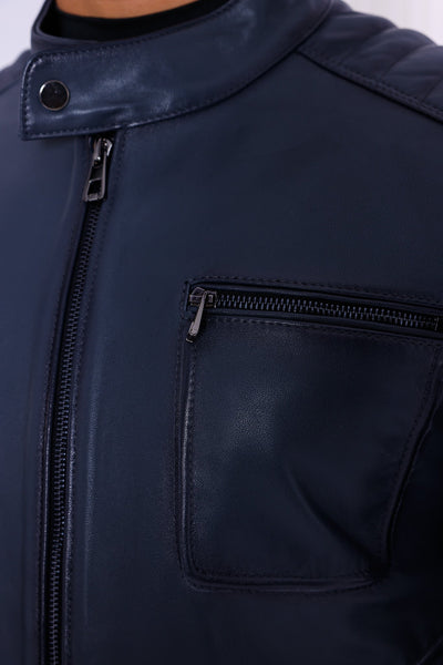 The Argento Navy Blue Leather Men Jacket
