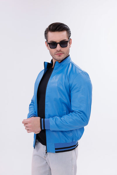 Monza Blue Lambskin Men Leather Jacket