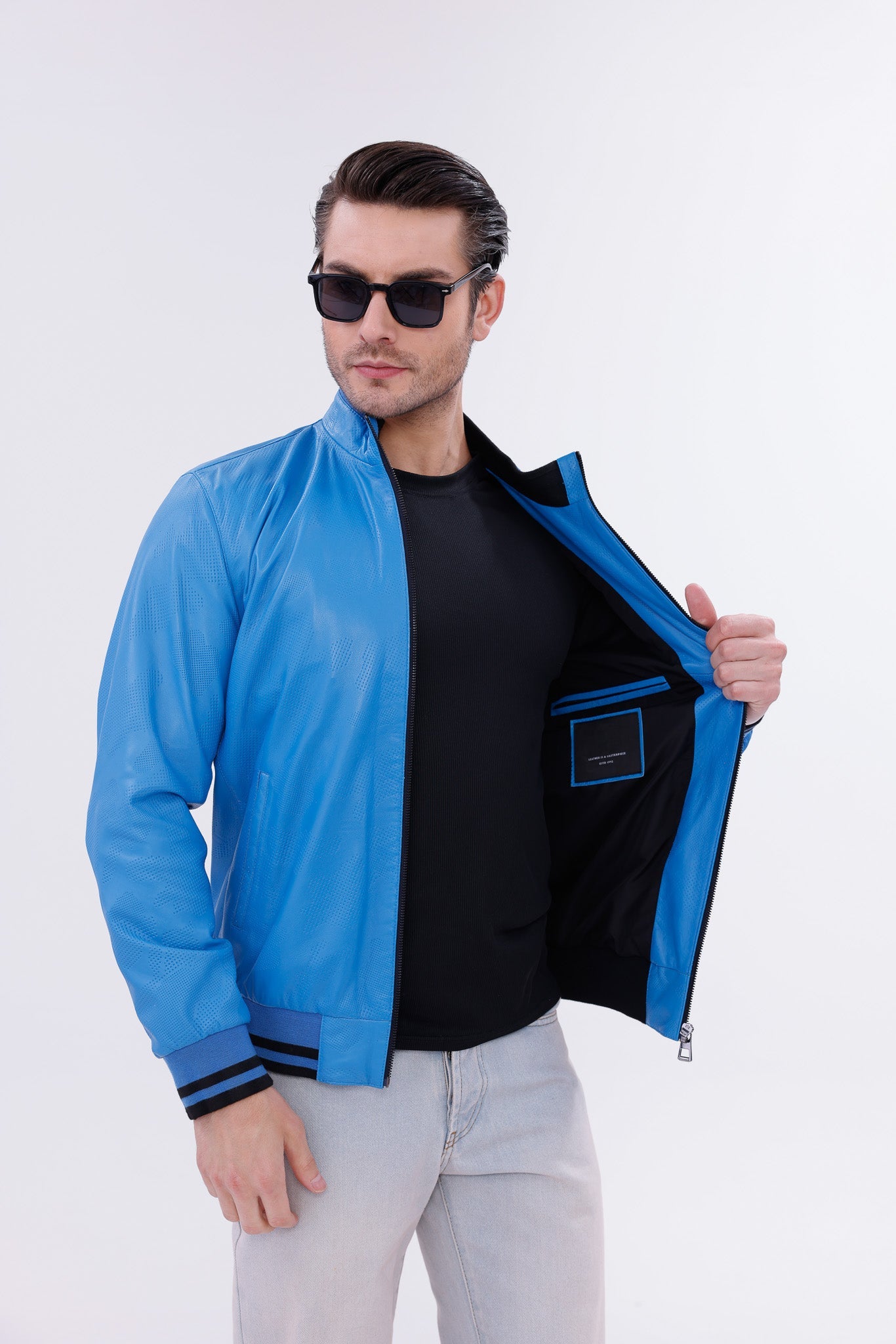 Monza Blue Lambskin Men Leather Jacket