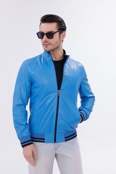 Monza Blue Lambskin Men Leather Jacket