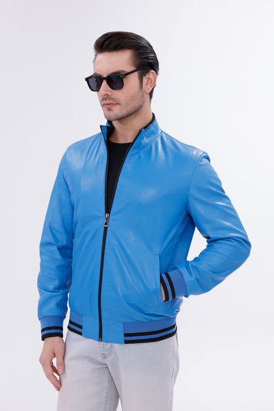 Monza Blue Lambskin Men Leather Jacket