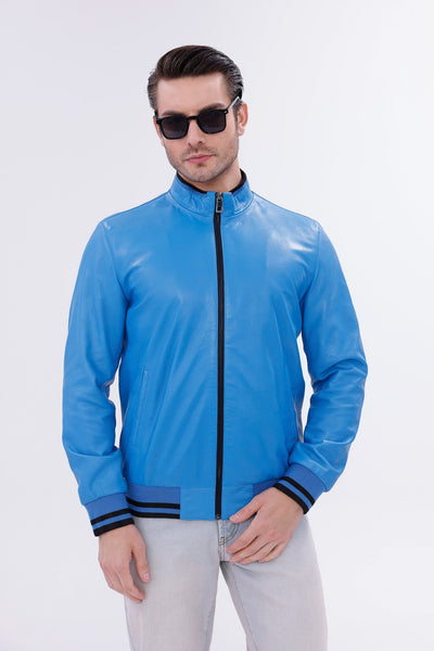 Monza Blue Lambskin Men Leather Jacket