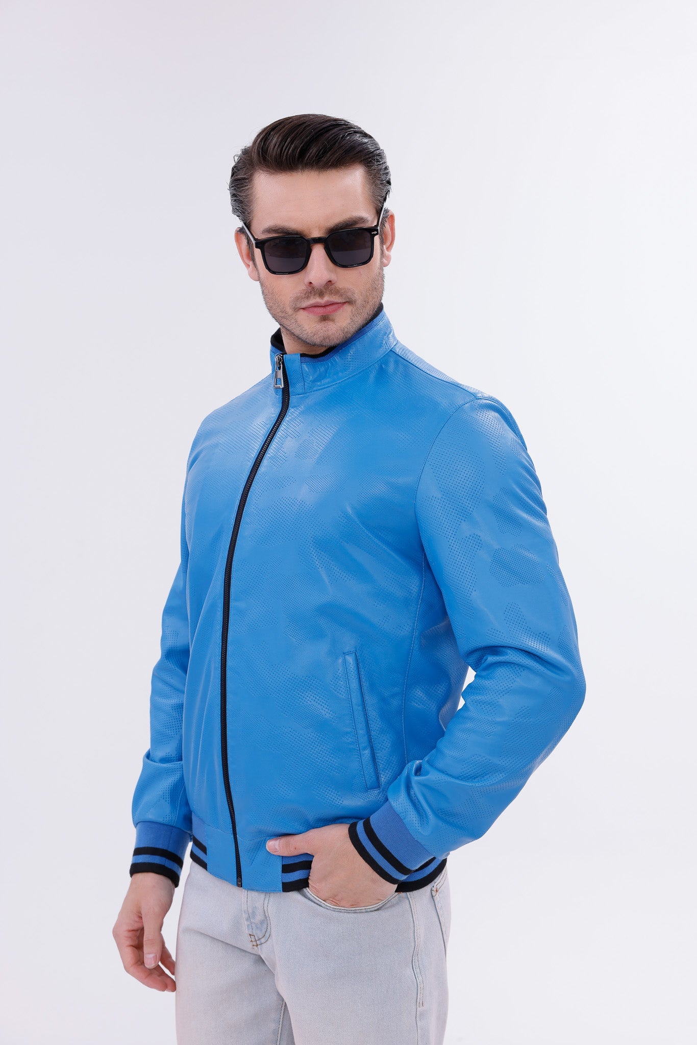 Monza Blue Lambskin Men Leather Jacket