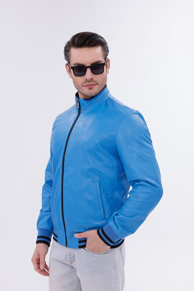 Monza Blue Lambskin Men Leather Jacket