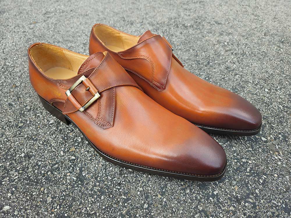 Carrucci Shoes Monk Strap Buckle Leather Loafer Burnished Finish side view