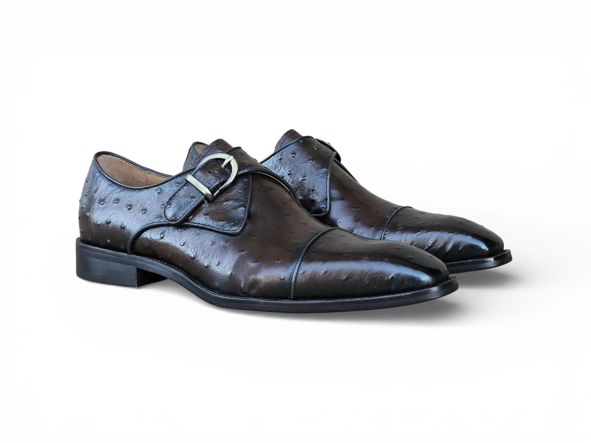 Ostrich Embossed Cap Toe Single Monk Strap Carrucci Shoes Men's – Three-Quarter View