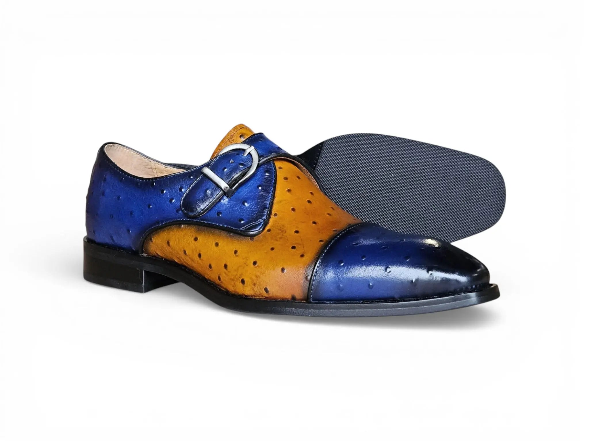 Ostrich Embossed Cap Toe Single Monk Strap Carrucci Shoes Men's