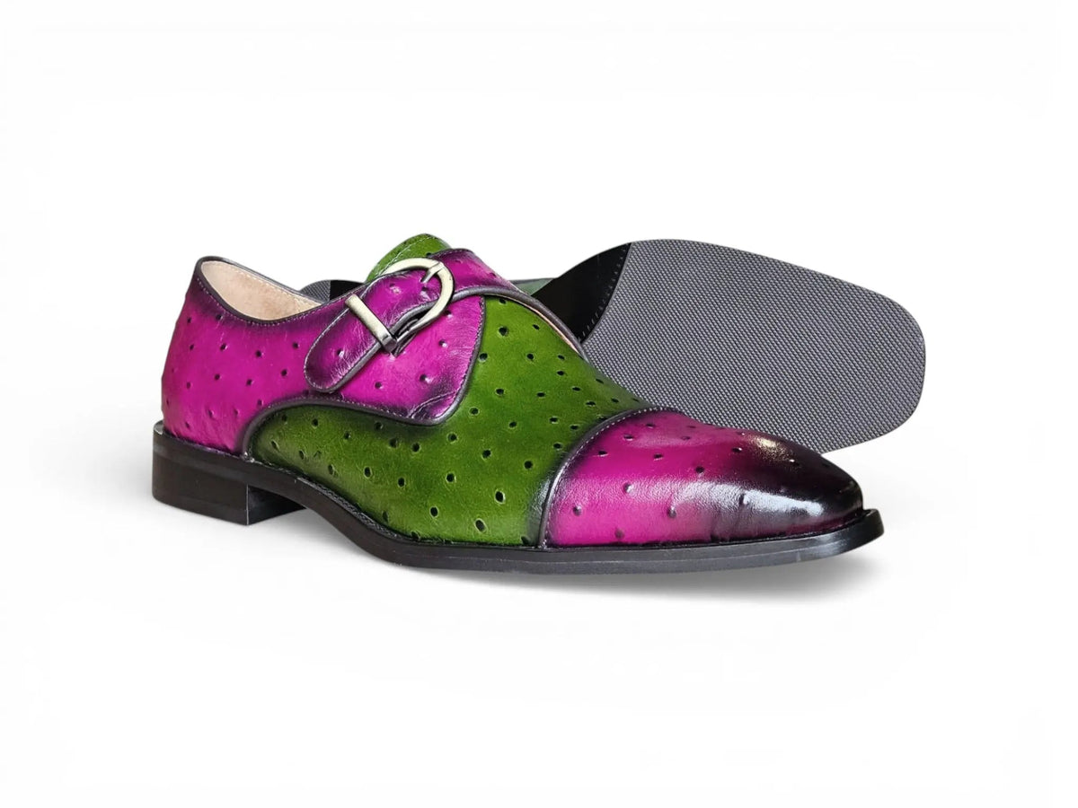 Ostrich Embossed Cap Toe Single Monk Strap Carrucci Shoes Men's – Detail Close-Up