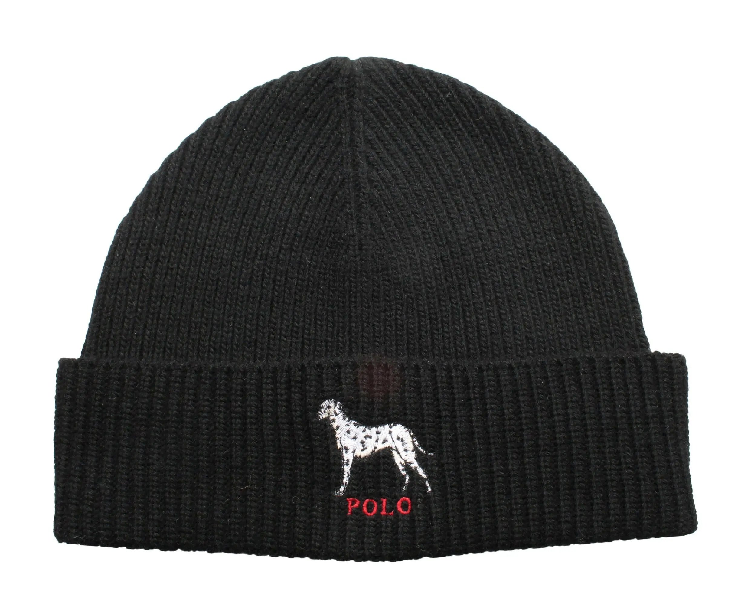 Polo Ralph Lauren Dalmatian Dog Knit Cuffed Beanie Hat Black