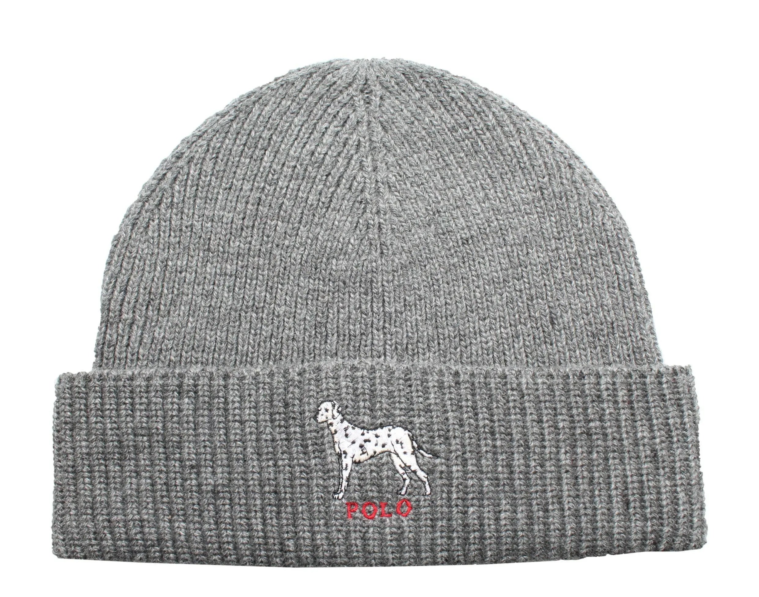 Polo Ralph Lauren Dalmatian Dog Knit Cuffed Beanie Hat Charcoal