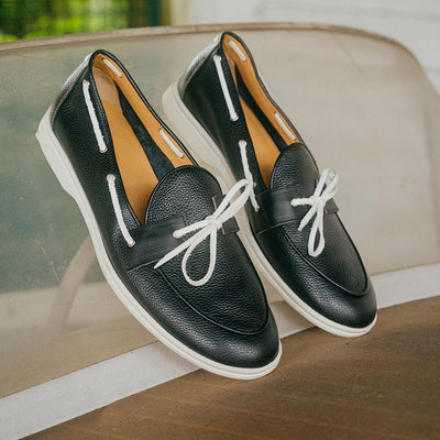 Del Toro Shoes Men's Black Pebbled Leather Barca Yacht Loafer