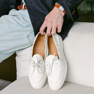 Del Toro Shoes Men's White Pebbled Leather Barca Yacht Loafer