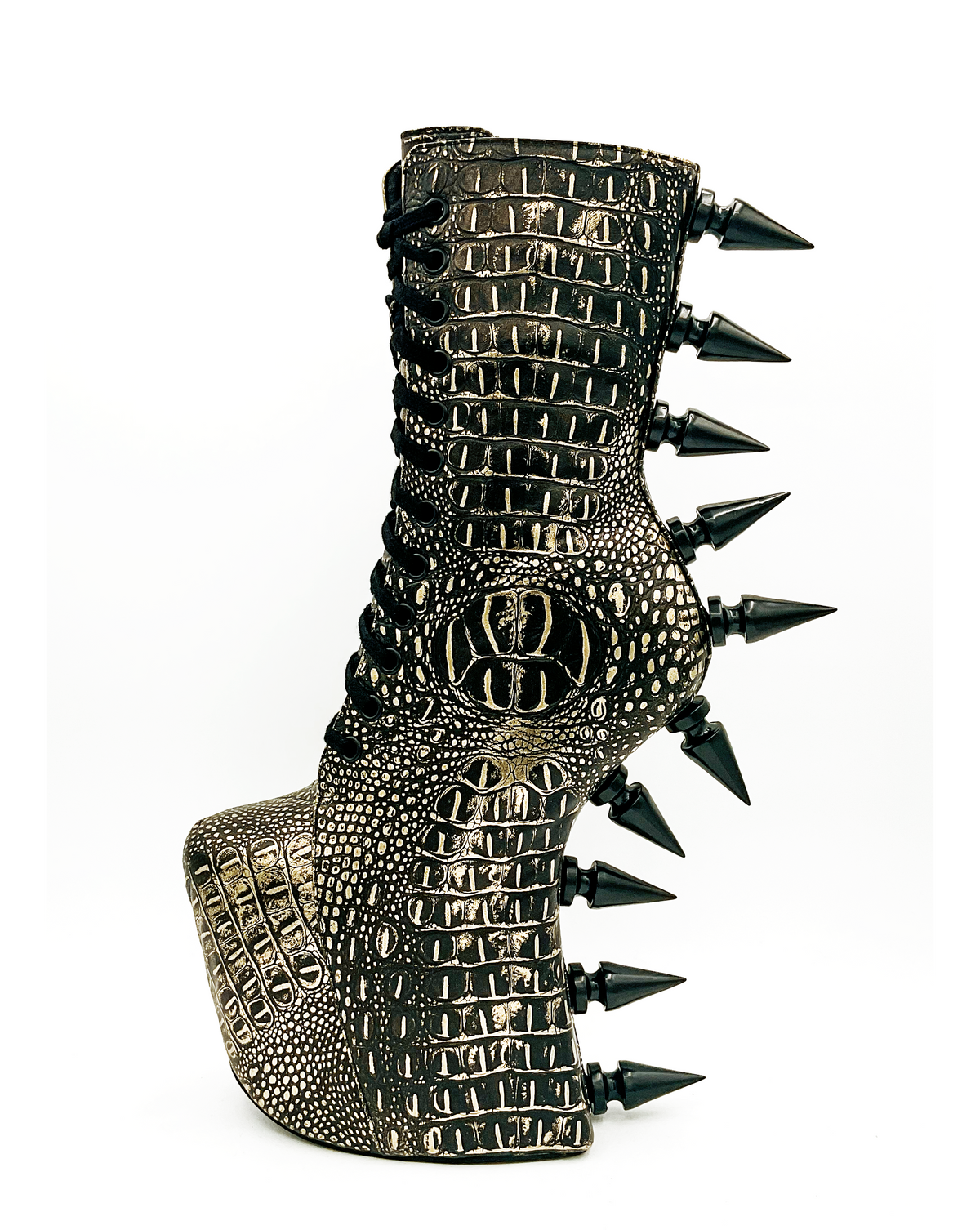 Charla Tedrick  Prehistoric Gold Platform Boot – side view