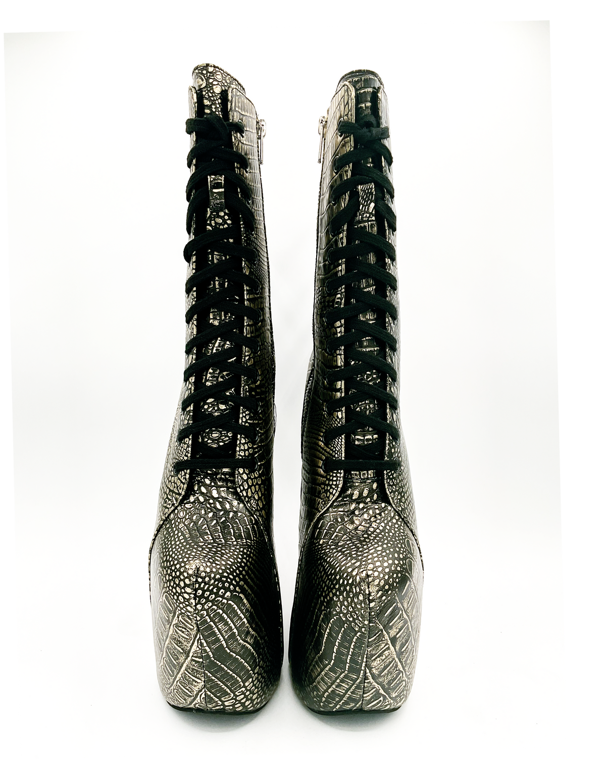 Charla Tedrick  Prehistoric Gold Platform Boot – front view