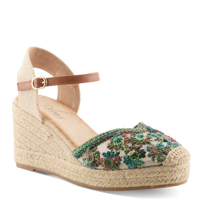 Azura Queridita Espadrilles women's wedge sandal in green multi with buckle detail