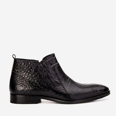 The Randor Black Croc-Embossed Calf Leather Side-Zip Dress Ankle Men Boot
