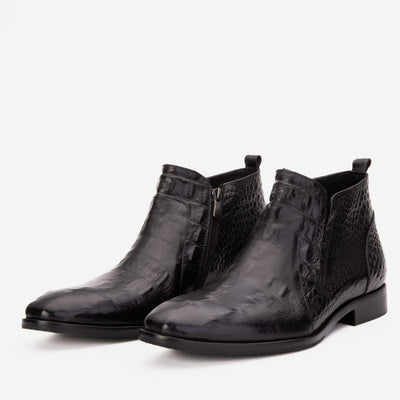 The Randor Black Croc-Embossed Calf Leather Side-Zip Dress Ankle Men Boot