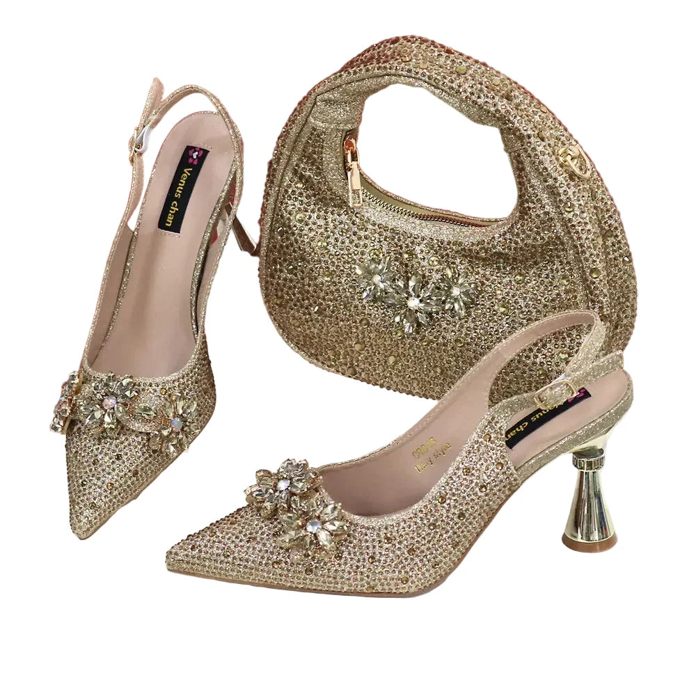 High Heels Shoes and Bags Set With Rhinestone