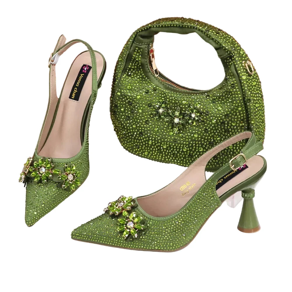 High Heels Shoes and Bags Set With Rhinestone