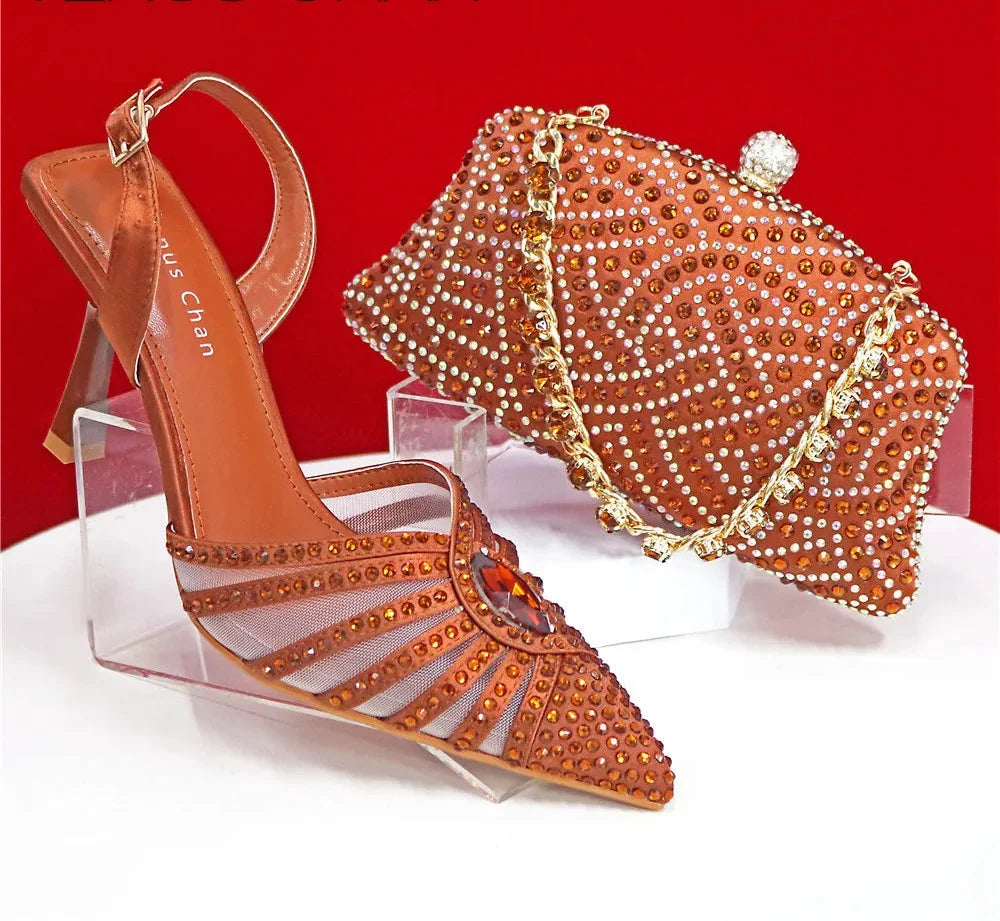 Women's Green Heels and Rhinestone Handbag Set GTR54