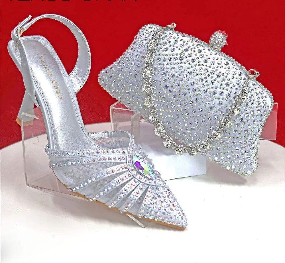Women's Green Heels and Rhinestone Handbag Set GTR54