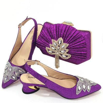 Women's Silver Mid Heels Frosted Crystal Shoes And Bag Set