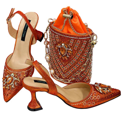 Women Shoes and Bag Set With Rhinestone Handbag EDTR54