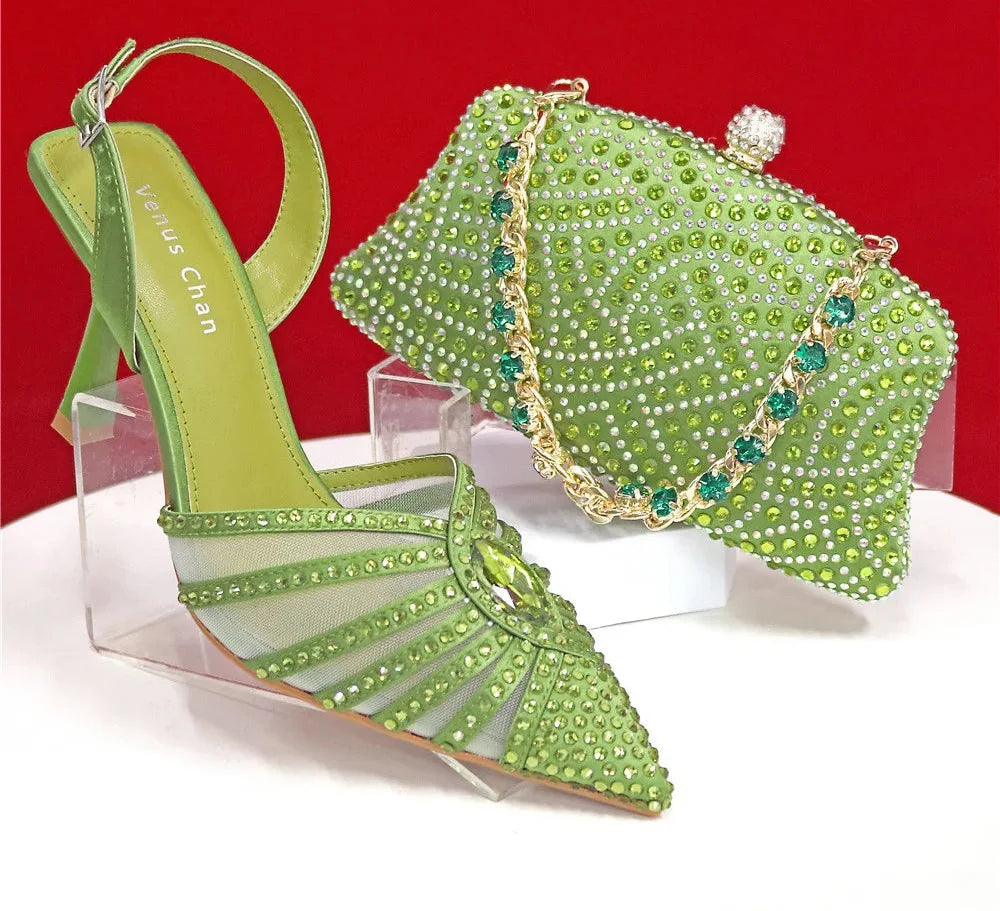 Women's Green Heels and Rhinestone Handbag Set GTR54 – product view 1