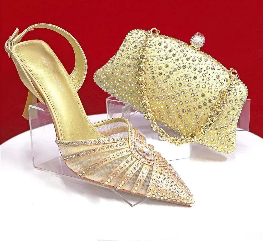 Women's Green Heels and Rhinestone Handbag Set GTR54
