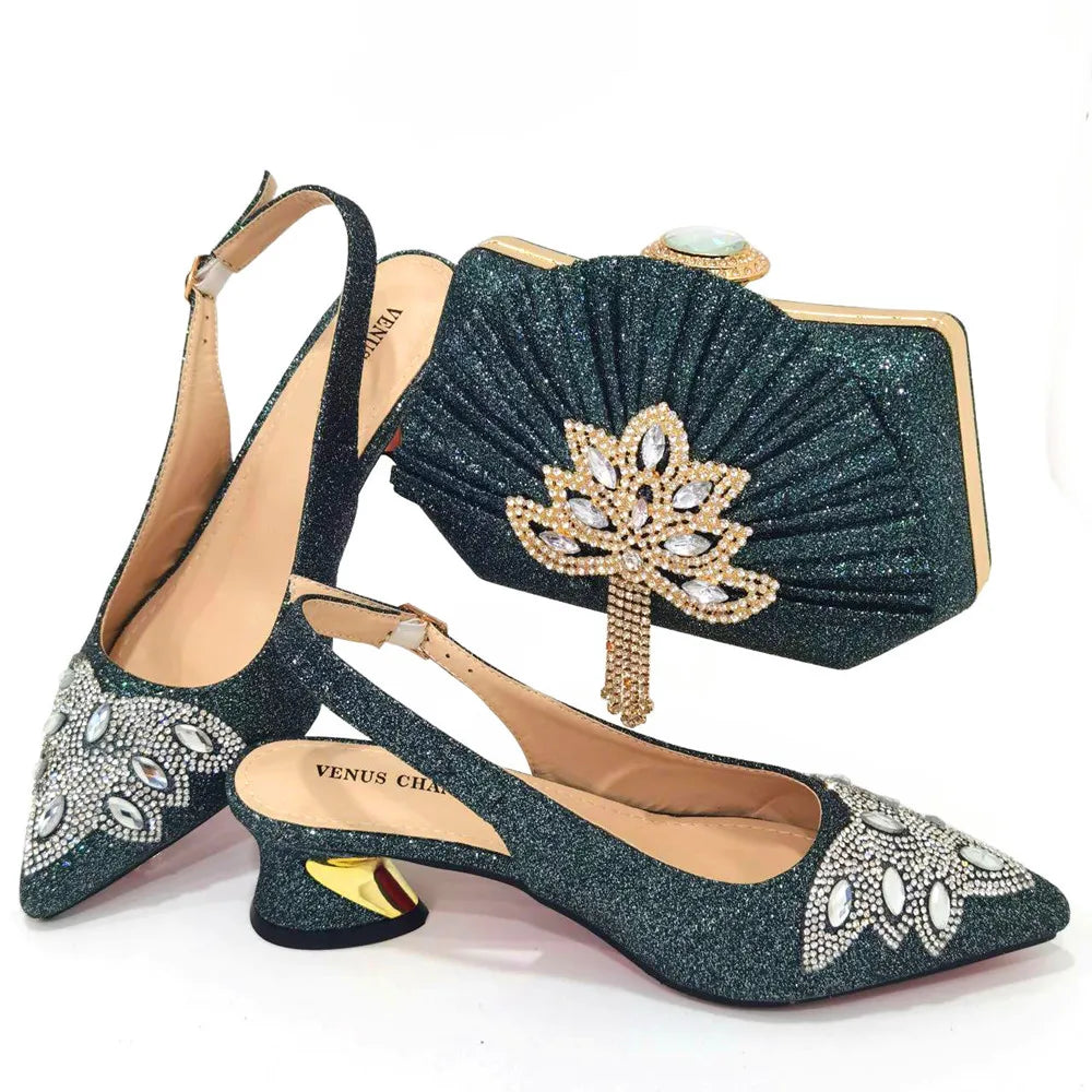 Women's Silver Mid Heels Frosted Crystal Shoes And Bag Set – product view 7