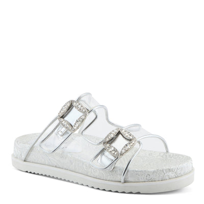 Azura Slidemein women's sandal in gold with faux leather upper and buckle detail