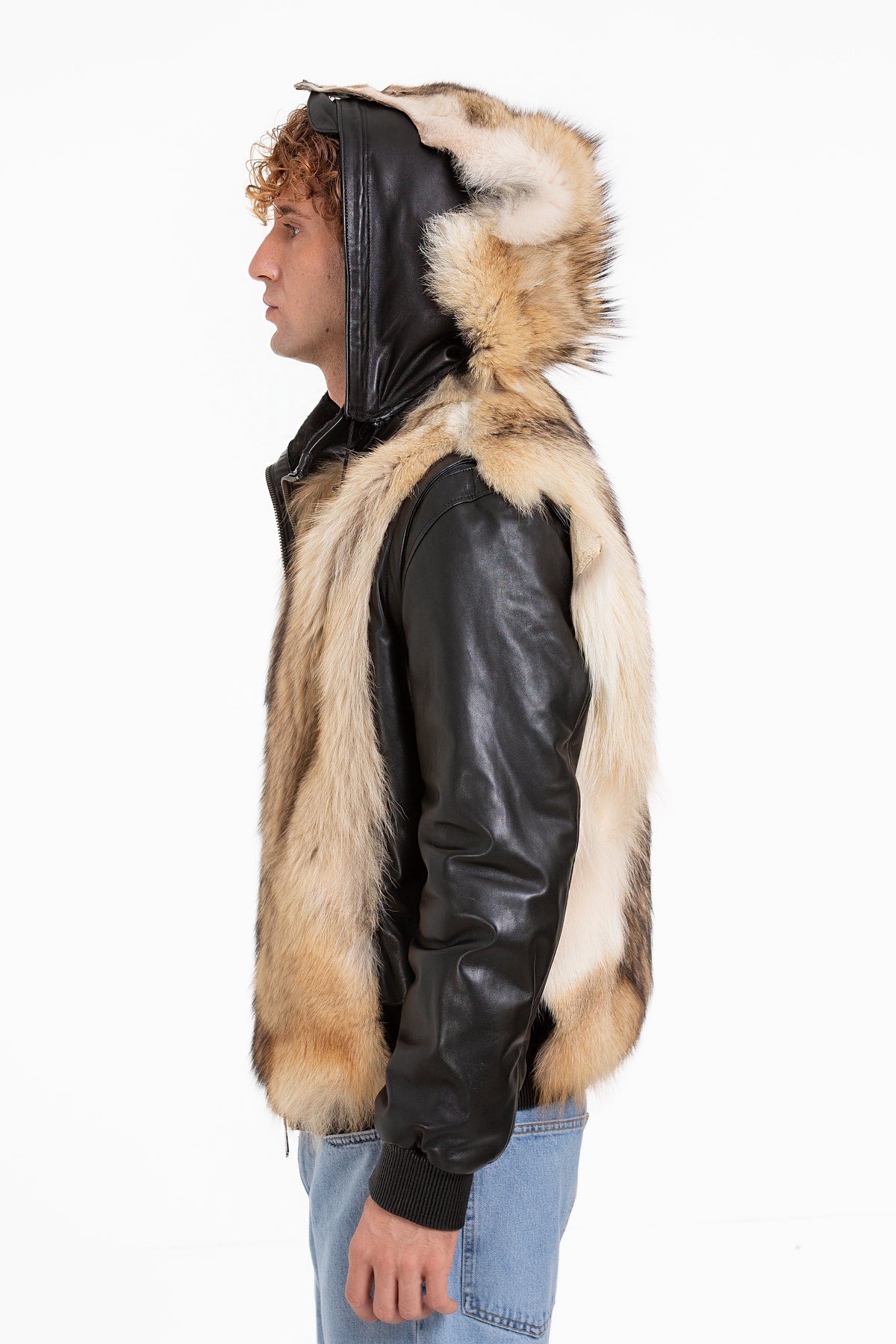 Vinci Leather The Melbourne Pure Wolf Fur Leather Black Men Jacket – product view 3
