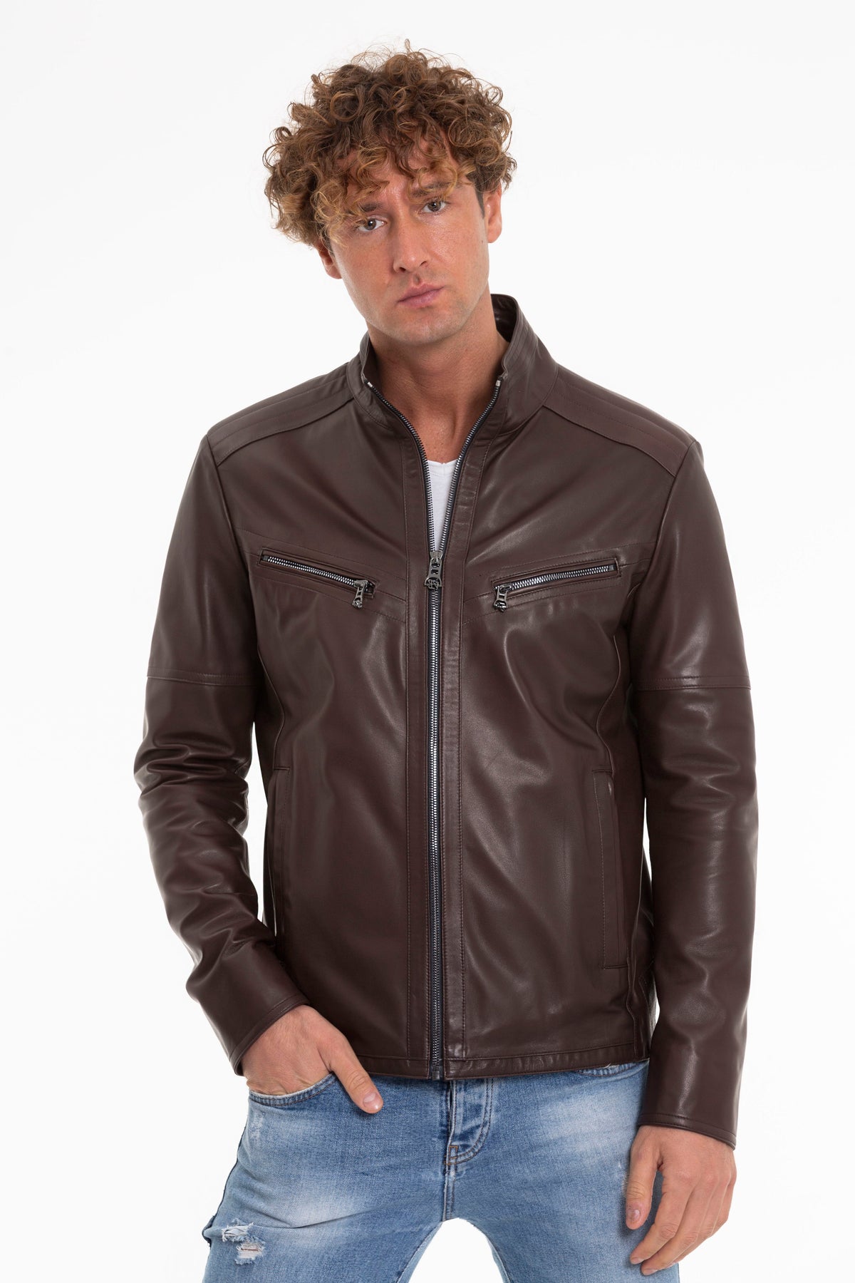 Vinci Leather The Alamo Brown Leather Men Jacket – product view 1