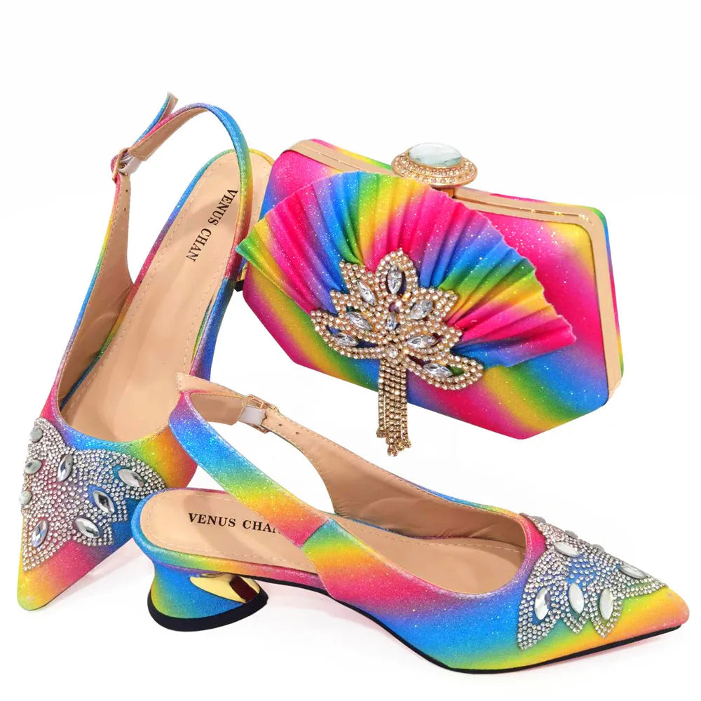 Women's Silver Mid Heels Frosted Crystal Shoes And Bag Set