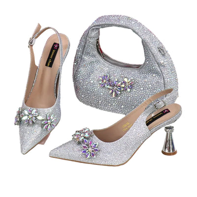 High Heels Shoes and Bags Set With Rhinestone